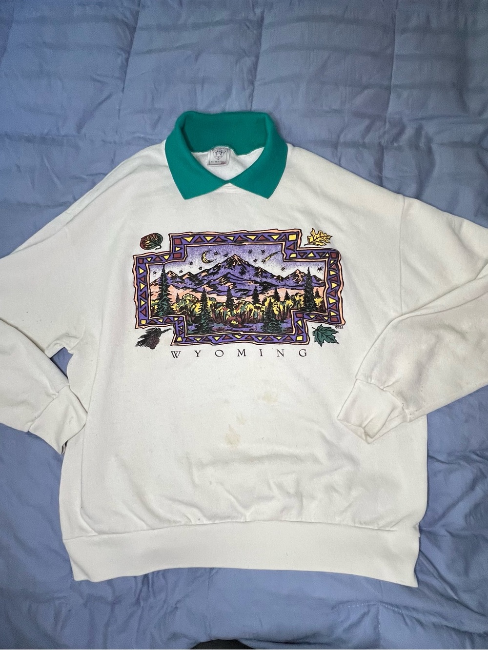 Vintage Wyoming Scenic Graphic White Crewneck Sweater with Green Collar